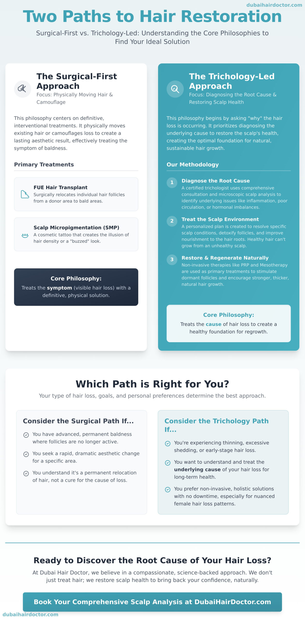 Vinci Hair Clinic Dubai: A Comparison of Hair Restoration Philosophies - Infographic